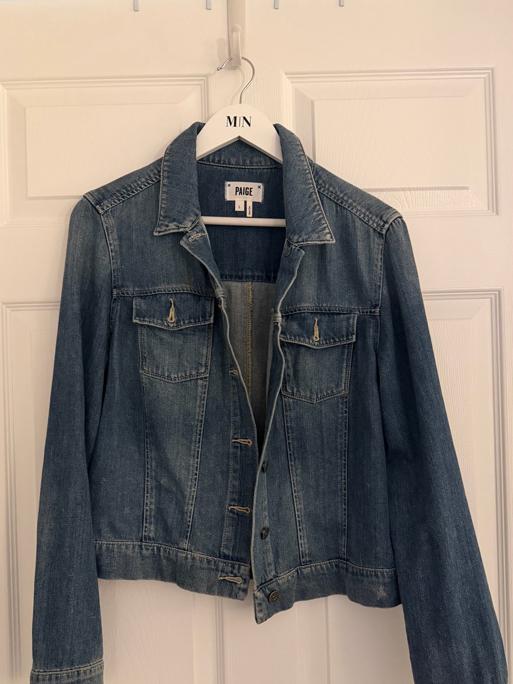 PAIGE Distressed Medium Blue Denim Jacket